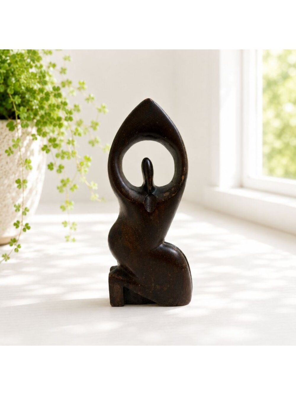 Abstract Vintage Wooden Sculpture - Woman In Kneeling Pose Hand-Carved Minimalis